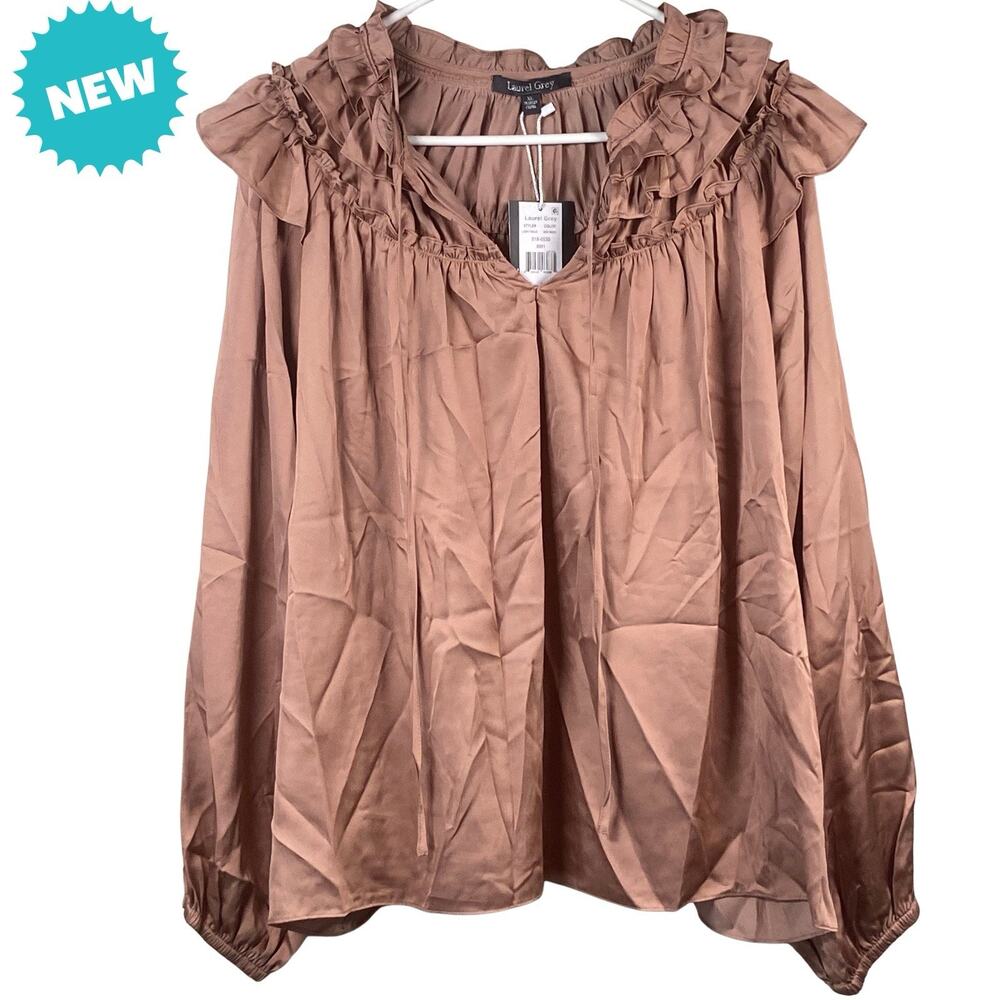 Laurel Grey Blouse Women's Size XL Lightweight Boho Tassle Tie Peasant Top Rose